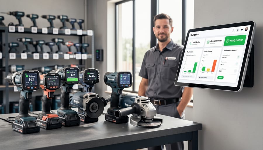 Tradesperson holding modern cordless drill with digital monitoring features