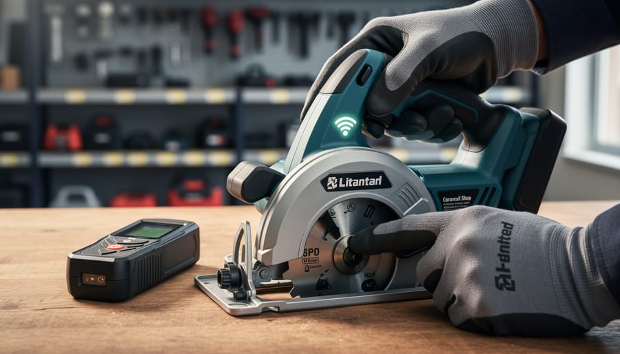 Close-up of a smart circular saw with a glowing connectivity light and a laser measuring tool on a contractor’s bench, a gloved hand adjusting the speed dial, with blurred rental shop shelves in the background.