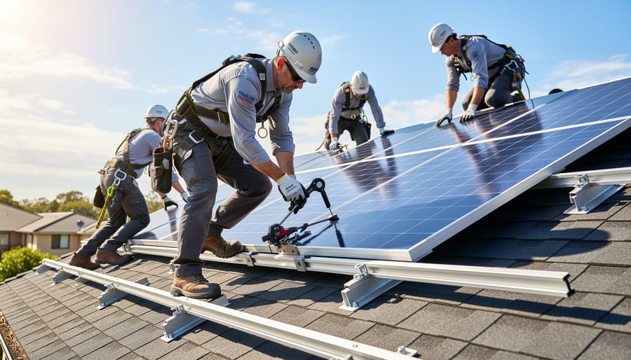 Construction worker installing solar panels on residential roof with safety equipment