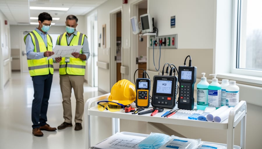 Collection of specialized tools and equipment required for healthcare construction projects