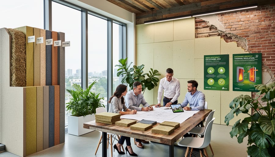 Modern home attic with sustainable insulation materials visible in exposed rafters