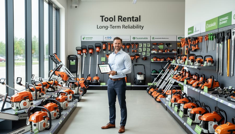 Organized display of professional power tools in modern rental facility