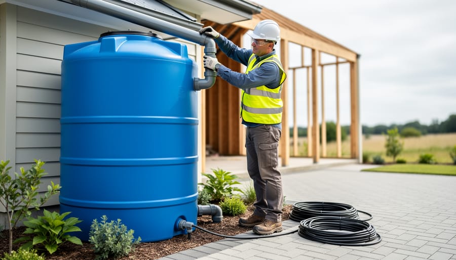 Construction worker installing a downspout first-flush diverter onto a large blue rainwater cistern beside a new-build home, with permeable paver driveway and drip irrigation lines softly blurred in the background.