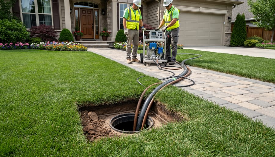 Residential yard with minimal excavation showing small pipe access point near driveway