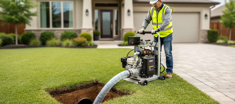 Technician using compact trenchless pipe-lining equipment at a small access pit in a suburban yard, with intact grass, driveway, and landscaping visible.