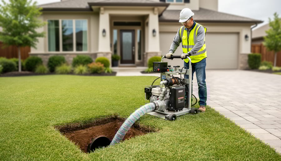 Technician using compact trenchless pipe-lining equipment at a small access pit in a suburban yard, with intact grass, driveway, and landscaping visible.
