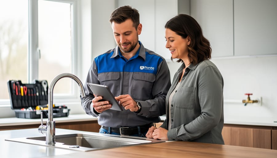 Plumber showing a tablet to a relaxed homeowner near an open kitchen sink, with tools and a shut-off valve in a softly lit kitchen, illustrating a clear, upfront pricing discussion.