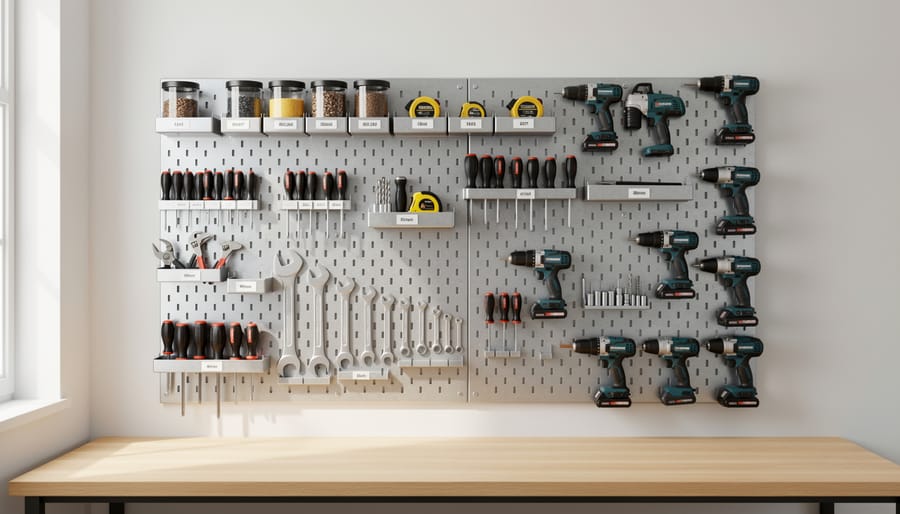 Organized garage wall with pegboard displaying hanging yard tools in neat arrangement