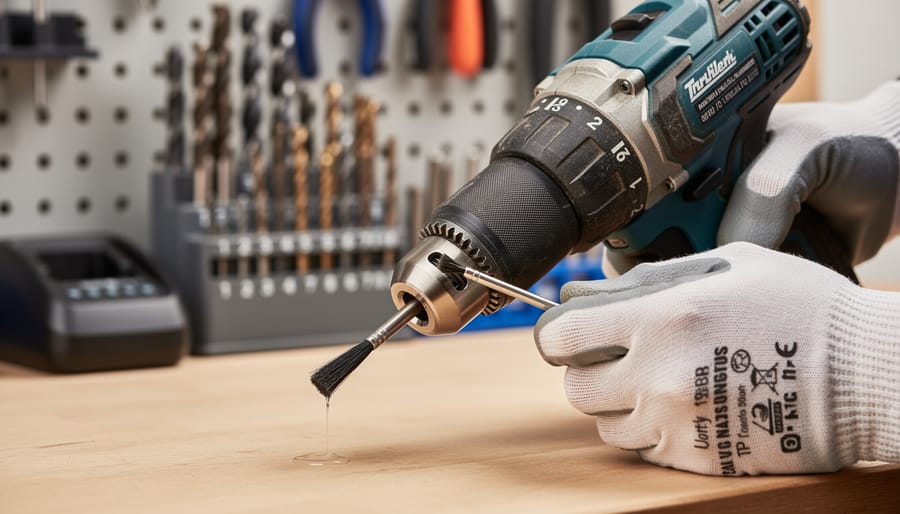 Close-up of cordless drill chuck being cleaned with brush and compressed air