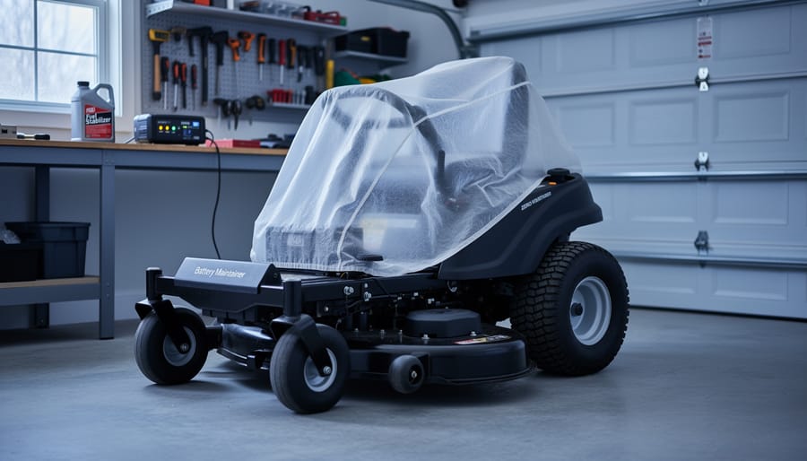 Zero turn lawn mower properly covered and stored in organized garage for winter
