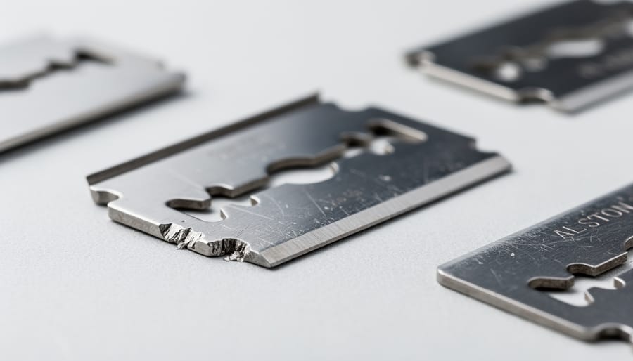 Close-up of used safety razor blade showing edge wear and imperfections