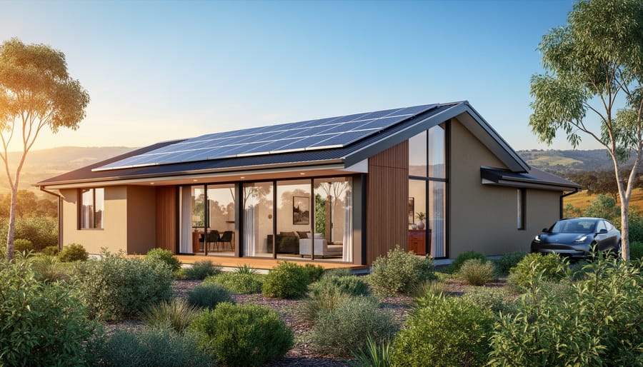 Modern Australian home designed for zero energy use with rooftop solar panels and deep eaves shading large north-facing windows, photographed at golden hour amid native landscaping and distant hills.