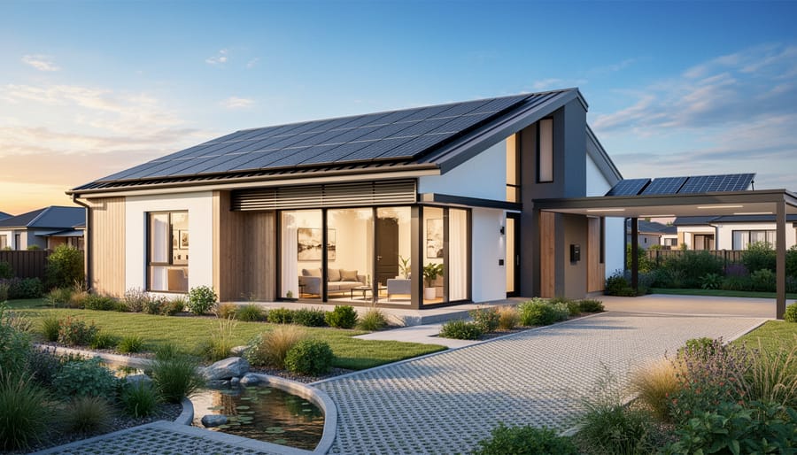 Modern residential home with solar panels installed on roof