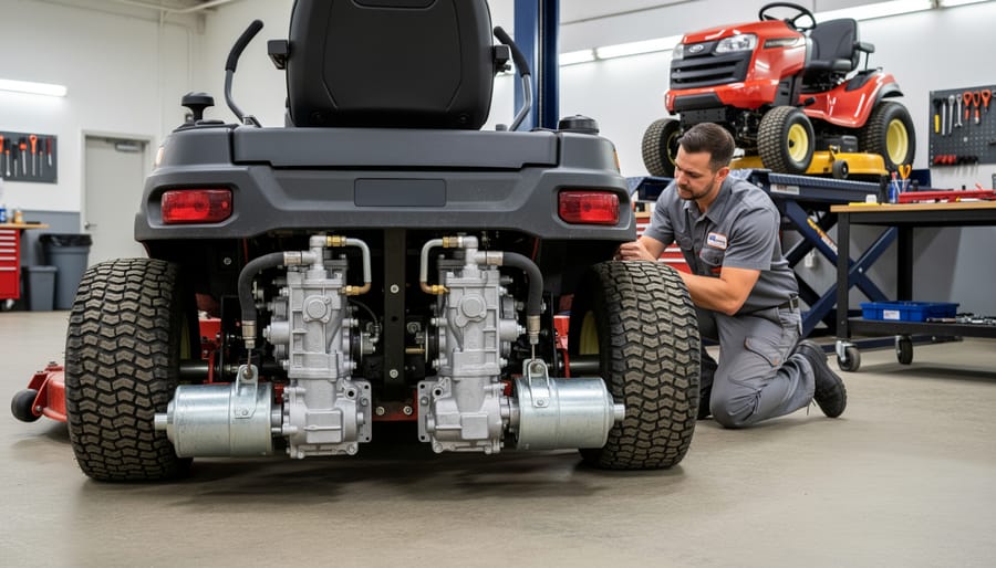 Underside view of zero turn mower showing dual hydrostatic transmissions and deck assembly