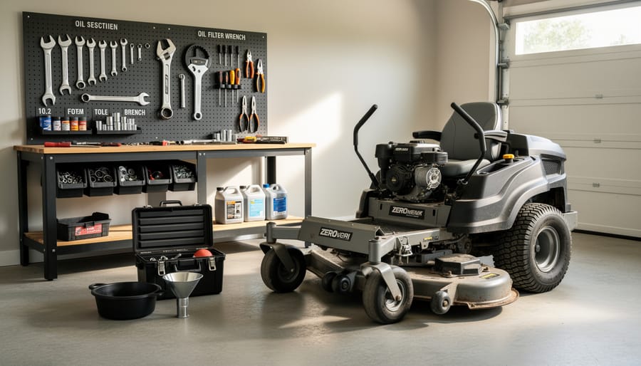 Organized collection of essential zero turn mower maintenance tools and supplies on workbench