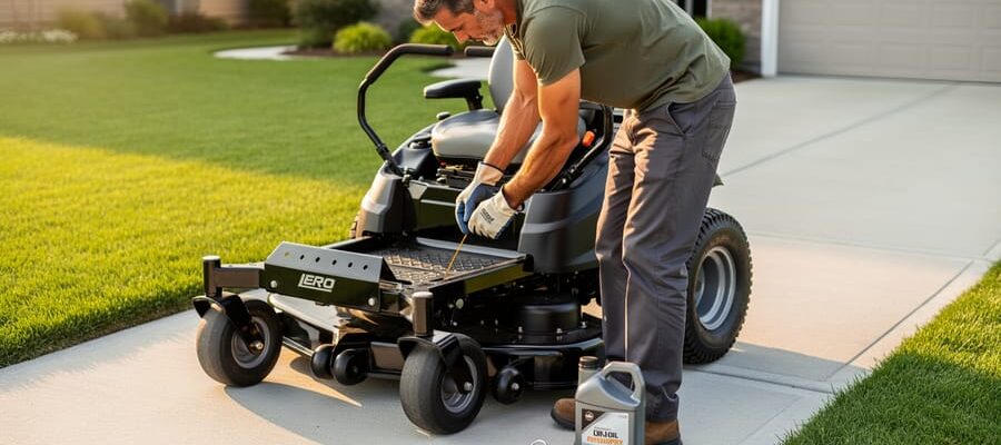 Person wearing gloves checks the oil dipstick on a zero-turn mower with maintenance tools nearby on a driveway, green lawn and garage softly blurred in the background