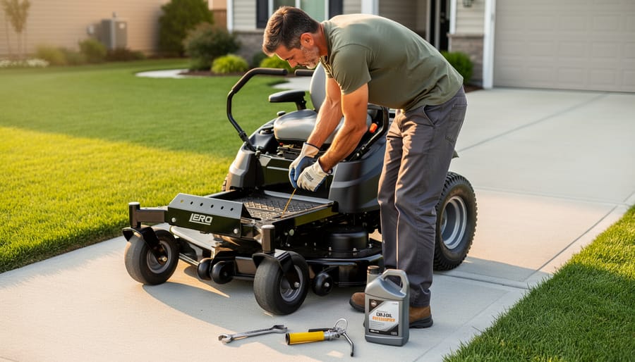 Person wearing gloves checks the oil dipstick on a zero-turn mower with maintenance tools nearby on a driveway, green lawn and garage softly blurred in the background