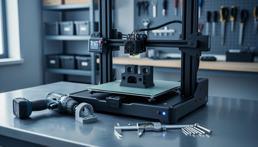 Desktop 3D printer producing a custom drill guide next to a cordless drill with a 3D‑printed adapter on a workbench, with blurred rental tool shelves in the background.