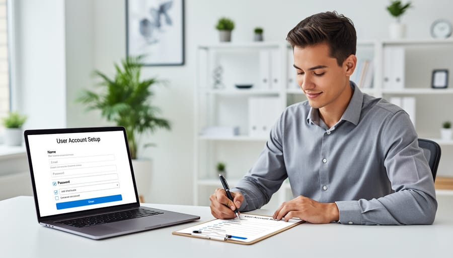 Professional reviewing account creation checklist at organized workspace