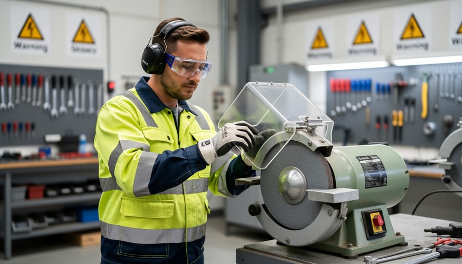 Worker's hands adjusting safety guard position on angle grinder