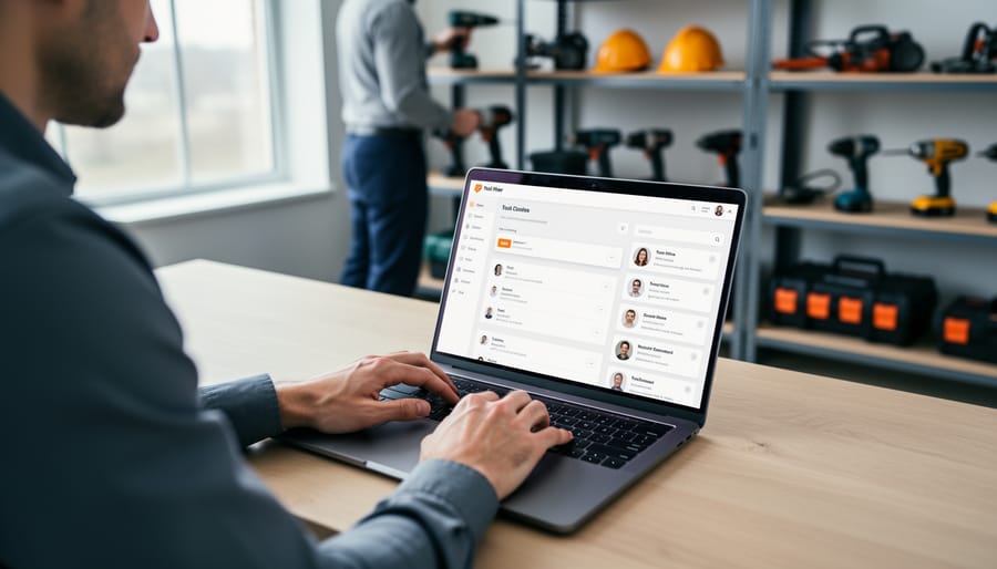 Over-the-shoulder view of an administrator using a laptop to manage user accounts, with blurred workshop shelves holding power tools and safety helmets in the background under soft natural light.