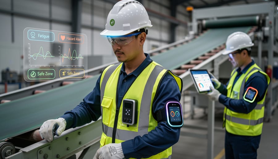 Construction worker wearing smart safety wearable device on active job site