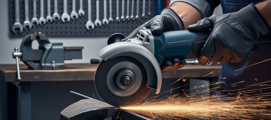 Close-up of an angle grinder operating with a correctly oriented 180-degree wheel guard, closed side facing the operator, sparks deflecting away, gloved hands holding the tool, workshop background softly blurred.