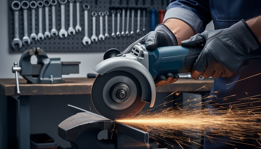 Close-up of an angle grinder operating with a correctly oriented 180-degree wheel guard, closed side facing the operator, sparks deflecting away, gloved hands holding the tool, workshop background softly blurred.