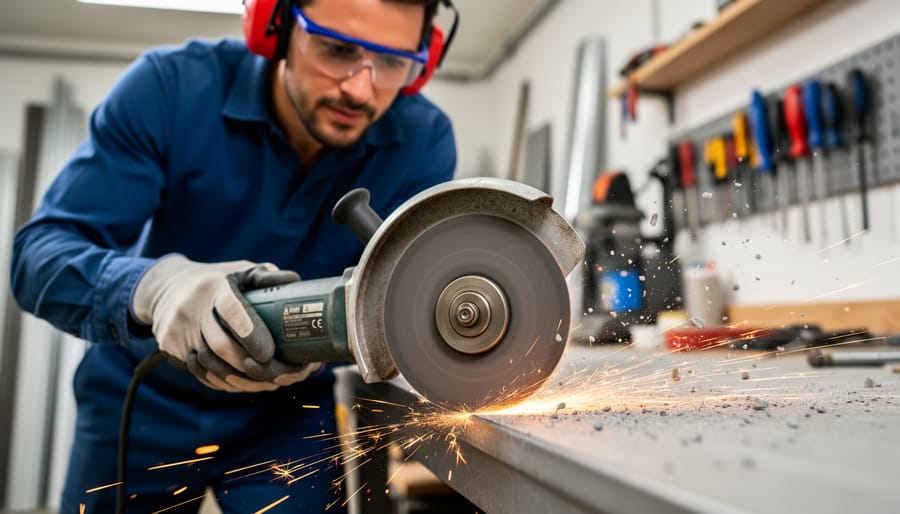 Angle grinder with orange safety guard properly attached showing correct positioning