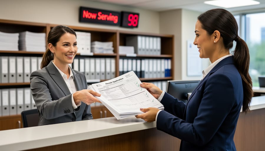 Building permit being approved with official stamp on application form