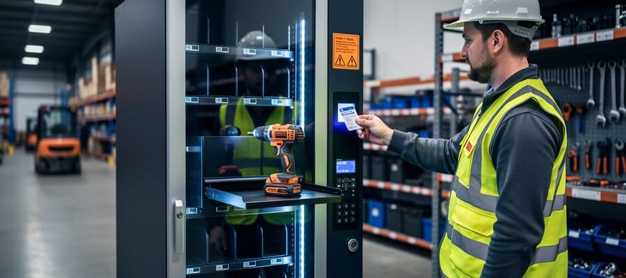 Worker in a high-visibility vest scans a badge at an automated tool crib vending machine as it dispenses a cordless drill, with a softly blurred factory floor and storage racks in the background.
