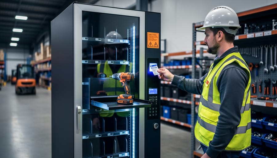 Worker in a high-visibility vest scans a badge at an automated tool crib vending machine as it dispenses a cordless drill, with a softly blurred factory floor and storage racks in the background.