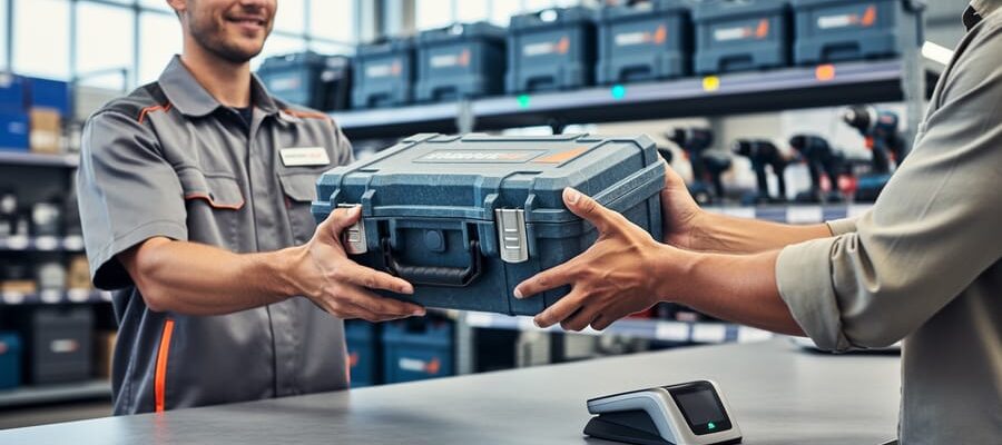 Employee handing a rugged power drill case to a customer at a clean tool hire counter with a nearby RFID/barcode scanner; blurred shelves with soft status lights in the background, conveying automated, real-time inventory.