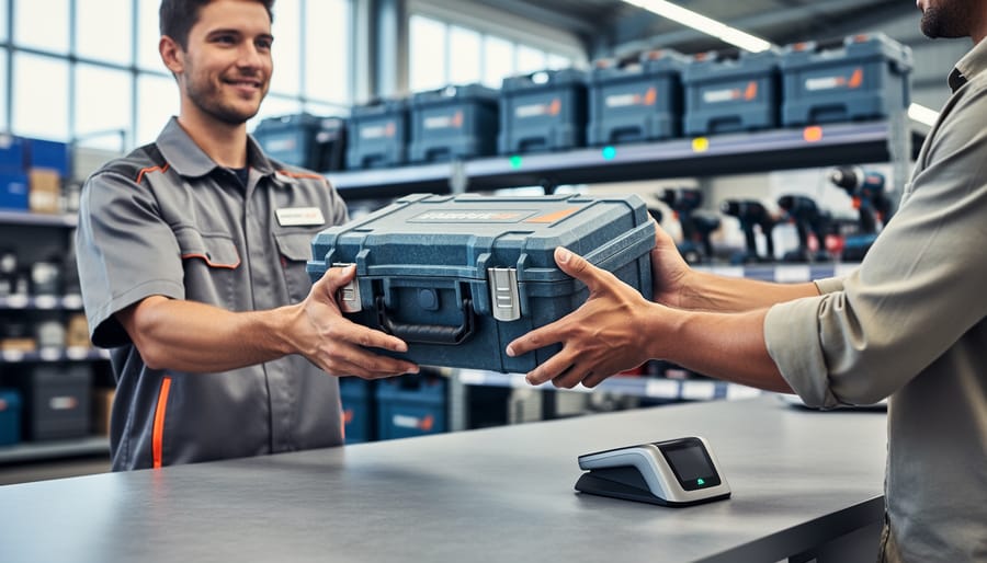 Employee handing a rugged power drill case to a customer at a clean tool hire counter with a nearby RFID/barcode scanner; blurred shelves with soft status lights in the background, conveying automated, real-time inventory.
