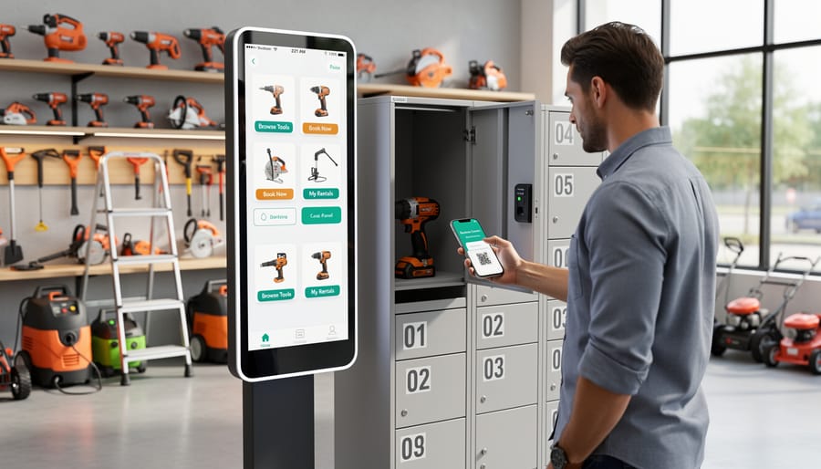 Tradesperson's hands holding power drill next to smartphone showing rental confirmation