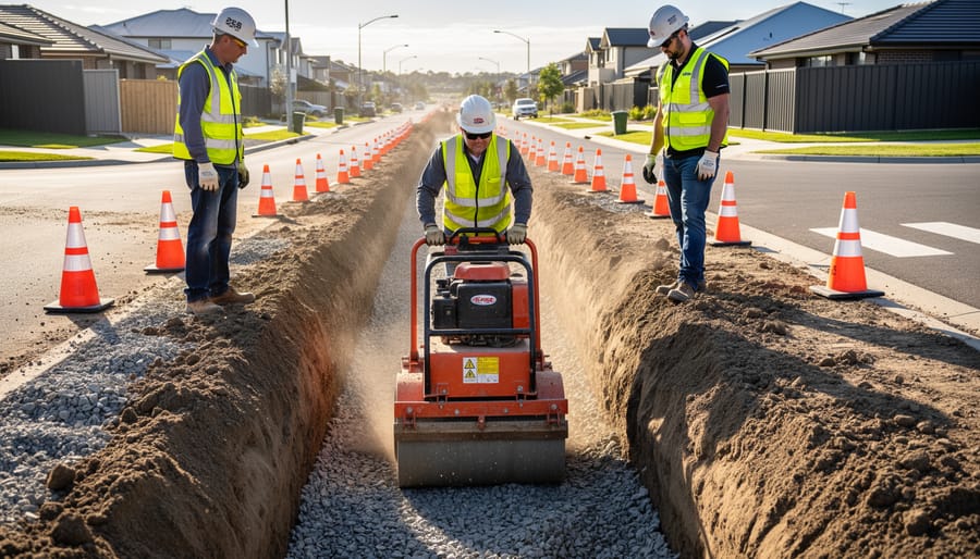 Plate compactor machine on backfilled utility trench showing proper soil compaction technique