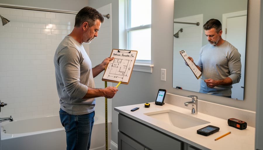 Hands holding clipboard and measuring tape against bathroom wall during renovation planning