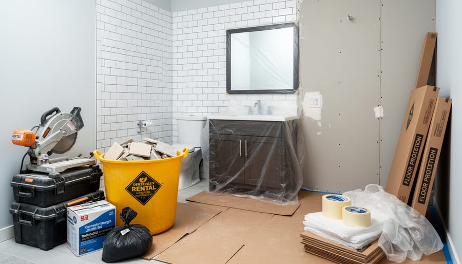 Bathroom renovation in progress showing construction tools, debris container, and protective materials