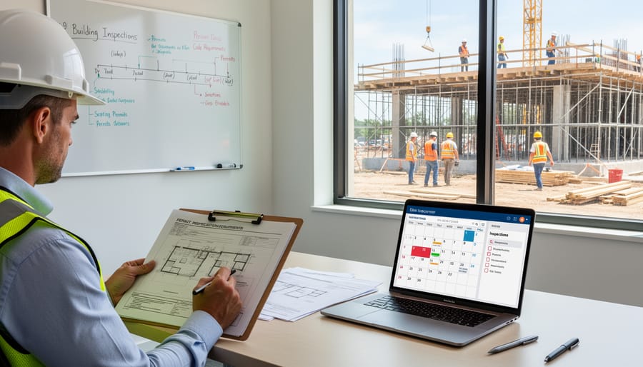 Contractor reviewing building permits in bathroom renovation site