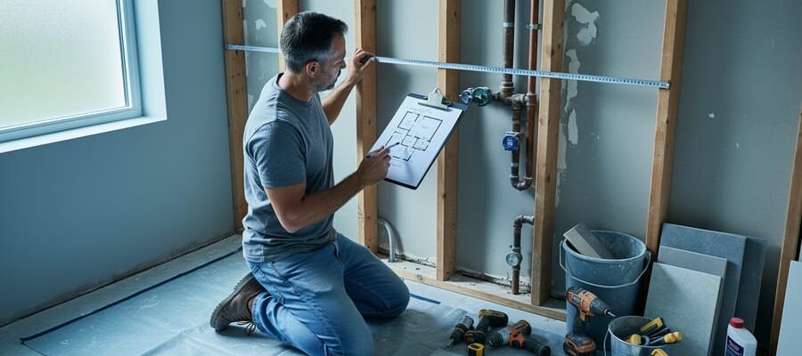 Person measuring a partially gutted bathroom with a tape measure while referencing a floor plan on a clipboard, with exposed studs, plumbing lines, and neatly arranged tools in soft natural light.