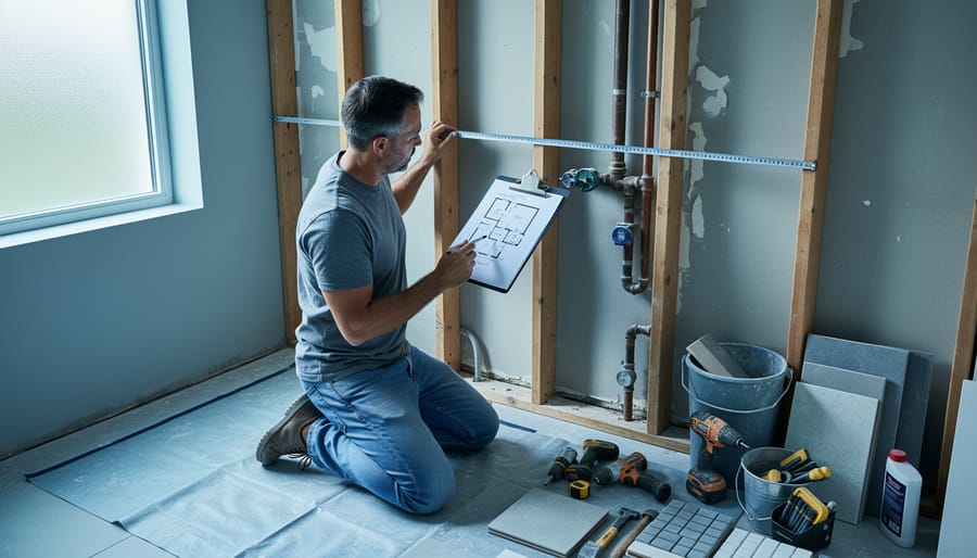 Person measuring a partially gutted bathroom with a tape measure while referencing a floor plan on a clipboard, with exposed studs, plumbing lines, and neatly arranged tools in soft natural light.