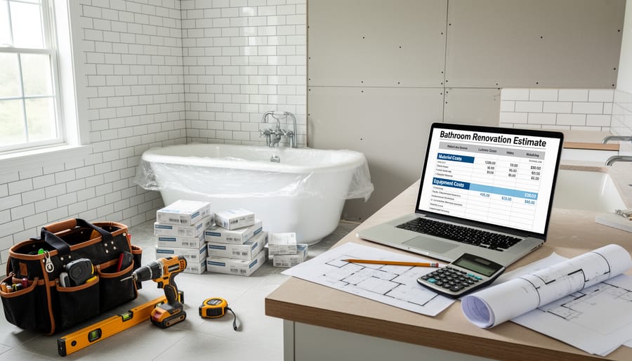 Bathroom renovation project in progress showing fixtures and construction materials