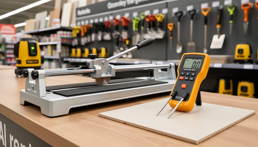 Professional bathroom renovation tools including tile cutter and demolition equipment