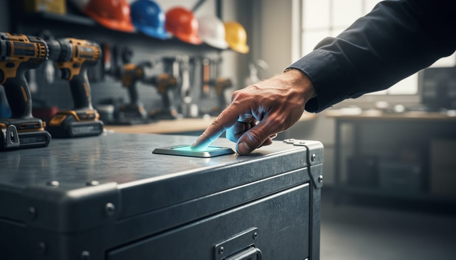 Close-up of a worker’s finger activating an illuminated fingerprint scanner on a rugged steel tool cabinet, with blurred workshop tools and racks in the background, illustrating biometric access control for securing valuable equipment.