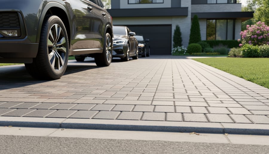 Aerial view of brick paver driveway in herringbone pattern with vehicle