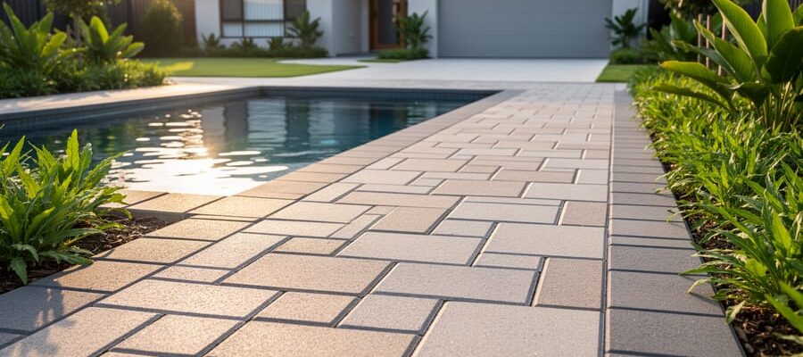 Low-angle view of an interlocking concrete paver patio and curving walkway next to a small pool at golden hour, with a modern suburban home, driveway, and lush plantings in the softly focused background.
