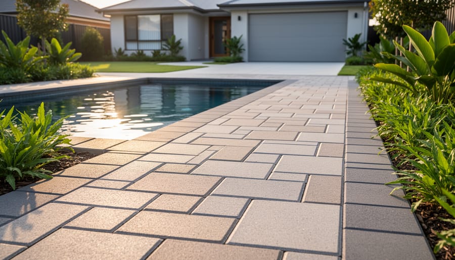 Low-angle view of an interlocking concrete paver patio and curving walkway next to a small pool at golden hour, with a modern suburban home, driveway, and lush plantings in the softly focused background.