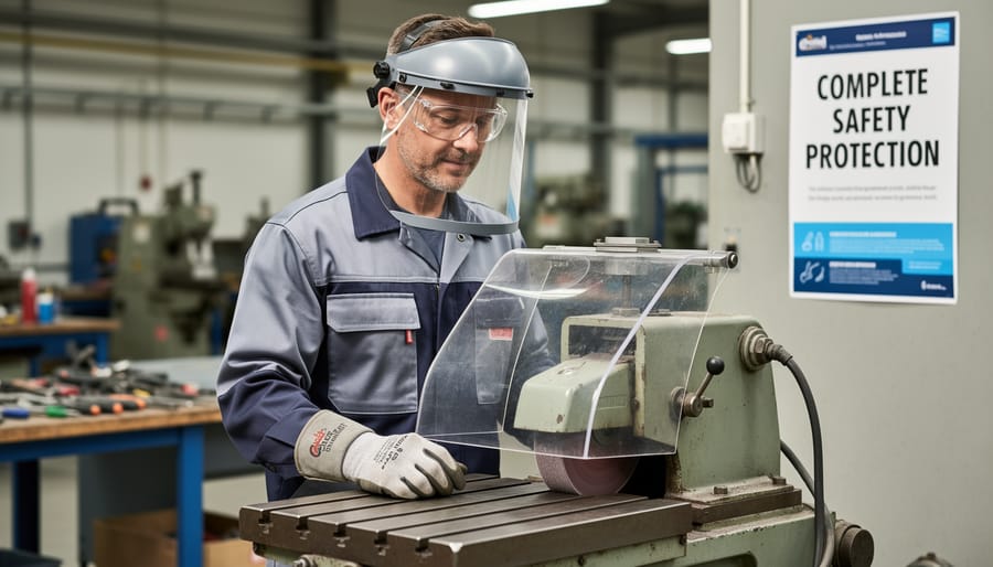 Worker wearing full safety equipment including face shield and gloves while using guarded angle grinder