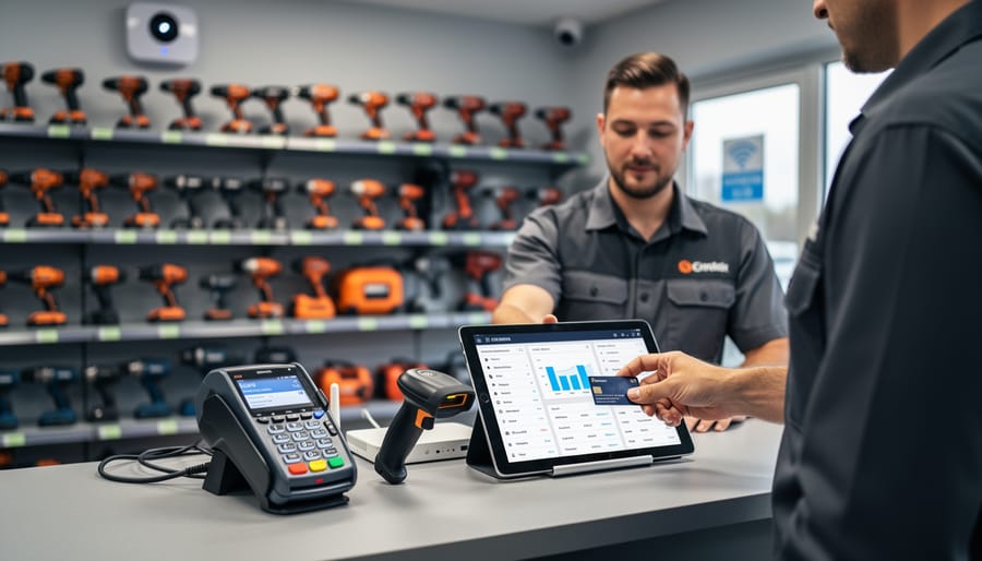 Tool hire shop counter showing connected payment terminal, tablet, and scanner equipment