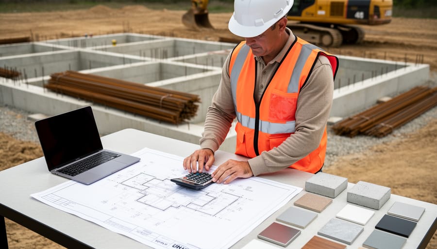 Contractor in hard hat analyzing plans with a laptop, calculator, and material samples on a site table, while a foundation and excavator are blurred in the background under soft daylight.